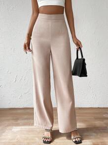 SHEIN Essnce Solid Waffle Knit High Waist Wide Leg Trousers - Khaki - View 3