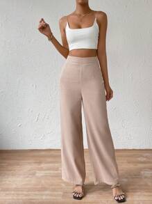 SHEIN Essnce Solid Waffle Knit High Waist Wide Leg Trousers - Khaki - View 4