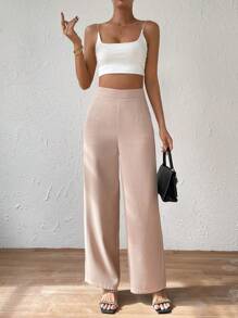 SHEIN Essnce Solid Waffle Knit High Waist Wide Leg Trousers - Khaki - View 6