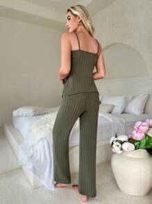 Button Front Cami Lounge Set - Green - View 2