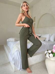 Button Front Cami Lounge Set - Green - View 3