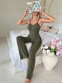Button Front Cami Lounge Set - Green - View 5