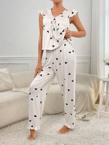 Women's Casual Young White Heart Print V Neck Flounce Sleeve Pajama Set With Tie Front Ruffle Hem - Multicolor - View 4