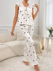 Women's Casual Young White Heart Print V Neck Flounce Sleeve Pajama Set With Tie Front Ruffle Hem - Multicolor - View 5
