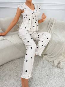 Women's Casual Young White Heart Print V Neck Flounce Sleeve Pajama Set With Tie Front Ruffle Hem - Multicolor - View 6