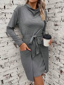 SHEIN LUNE 垂領雙口袋落肩袖繫腰帶連衣裙