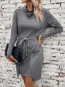 SHEIN LUNE 垂領雙口袋落肩袖繫腰帶連衣裙