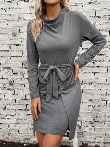 SHEIN LUNE 垂領雙口袋落肩袖繫腰帶連衣裙