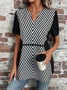 EMERY ROSE 條紋印花弧形下擺襯衫 - 黑與白 - 查看 6