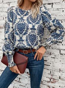 SHEIN Clasi Allover Print Lantern Sleeve Blouse,Long Sleeve Tops - Multicolor - View 1