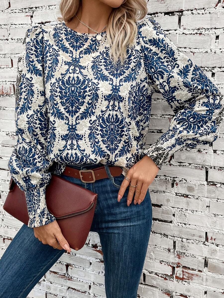 SHEIN Clasi Allover Print Lantern Sleeve Blouse,Long Sleeve Tops - Multicolor - View 1