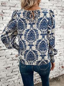 SHEIN Clasi Allover Print Lantern Sleeve Blouse,Long Sleeve Tops - Multicolor - View 2