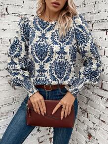 SHEIN Clasi Allover Print Lantern Sleeve Blouse,Long Sleeve Tops - Multicolor - View 3