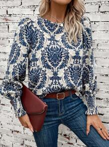 SHEIN Clasi Allover Print Lantern Sleeve Blouse,Long Sleeve Tops - Multicolor - View 4