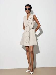 SHEIN BIZwear 尖領前紐扣馬甲西裝外套連衣裙 - 卡其色 - 查看 7