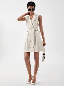 SHEIN BIZwear 尖領前紐扣馬甲西裝外套連衣裙 - 卡其色 - 查看 5