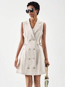 SHEIN BIZwear 尖領前紐扣馬甲西裝外套連衣裙 - 卡其色 - 查看 6