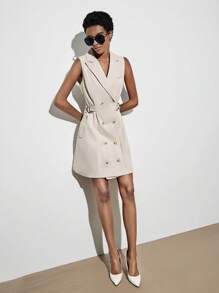 SHEIN BIZwear 尖領前紐扣馬甲西裝外套連衣裙 - 卡其色 - 查看 1