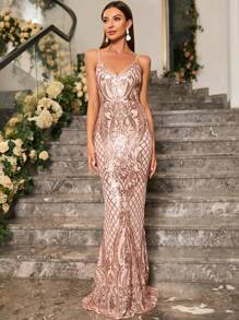 UNITHORSE 幾何亮片魚尾裙下擺吊帶正式連衣裙 - 金色 - 查看 5