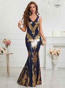 Sequin Mermaid Hem Formal Dress - Navy Blue - View 1