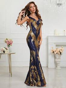 Sequin Mermaid Hem Formal Dress - Navy Blue - View 4