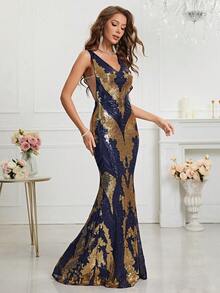 Sequin Mermaid Hem Formal Dress - Navy Blue - View 5
