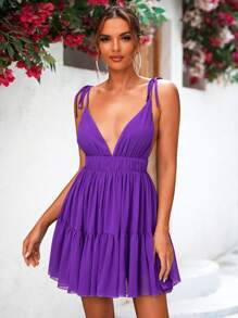 LOVE&LEMONADE Plunging Neck Ruffle Hem Chiffon Dress - Purple - View 3