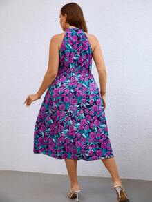Plus Allover Floral Print Halter Neck Dress - Multicolor - View 2