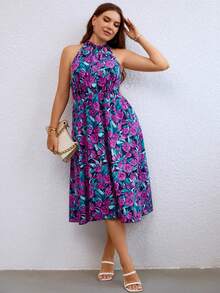 Plus Allover Floral Print Halter Neck Dress - Multicolor - View 3