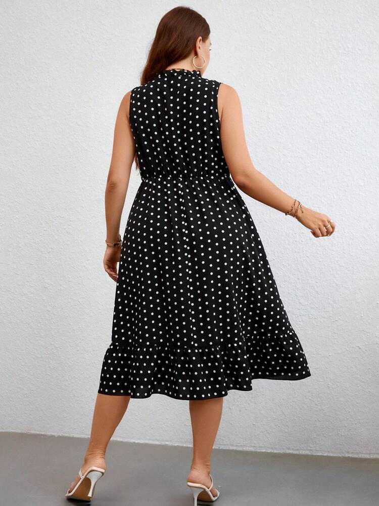 Plus Polka Dot Tie Neck Ruffle Hem Dress