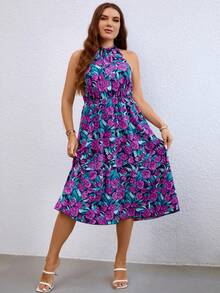 Plus Allover Floral Print Halter Neck Dress - Multicolor - View 6