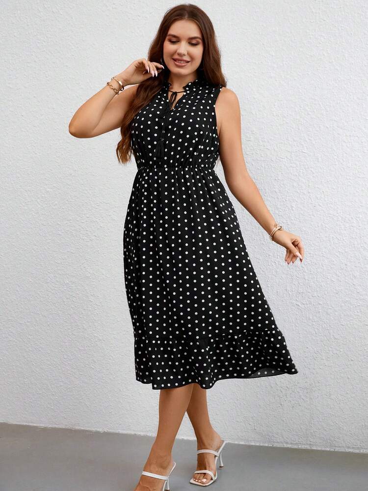 Plus Polka Dot Tie Neck Ruffle Hem Dress