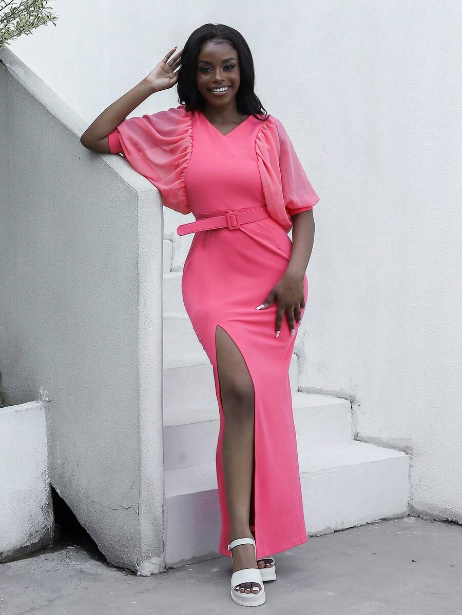 Chất rắn Tách đùi Váy có thắt lưng - Màu Hồng Tươi - Xem 1