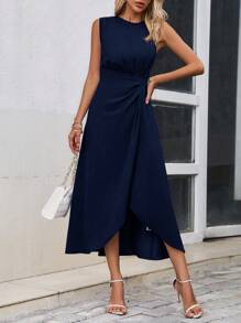 SHEIN Clasi Solid Twist Side Wrap Hem Dress - Navy Blue - View 1