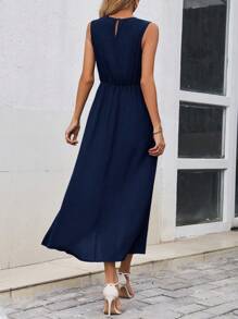 SHEIN Clasi Solid Twist Side Wrap Hem Dress - Navy Blue - View 2