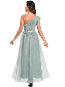 網拼接 亮片拼接純色伴娘禮服(成人) - 綠色 - 查看 2