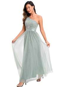 網拼接 亮片拼接純色伴娘禮服(成人) - 綠色 - 查看 5