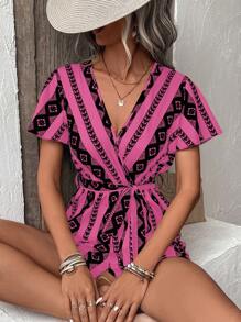 Breezaya Geo Print Butterfly Sleeve Belted Romper - Pink - View 1