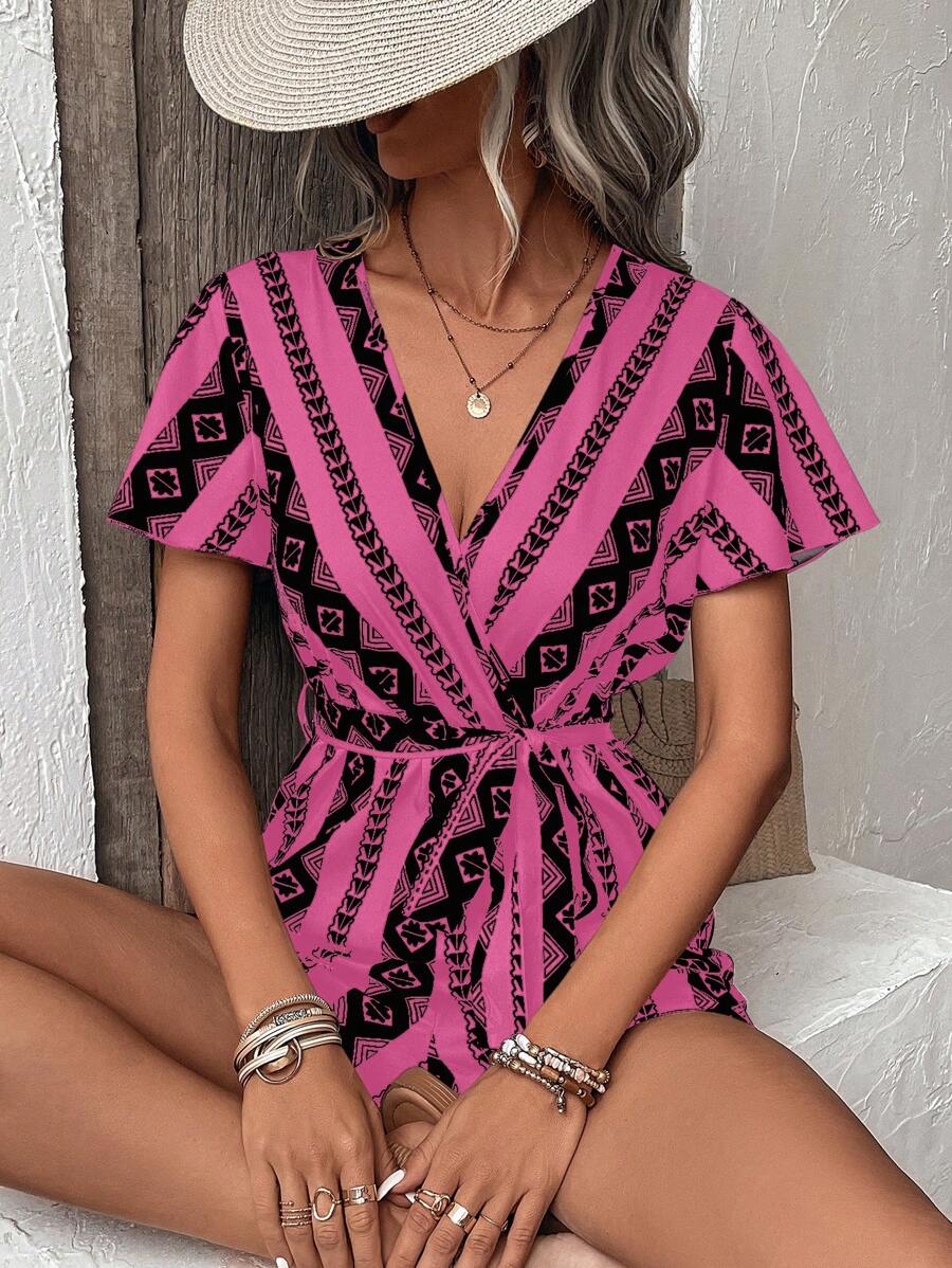 Breezaya Geo Print Butterfly Sleeve Belted Romper - Pink - View 1