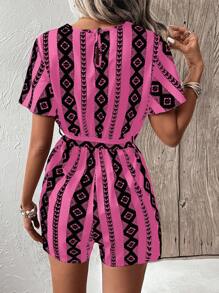Breezaya Geo Print Butterfly Sleeve Belted Romper - Pink - View 2