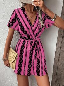 Breezaya Geo Print Butterfly Sleeve Belted Romper - Pink - View 4