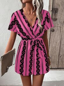 Breezaya Geo Print Butterfly Sleeve Belted Romper - Pink - View 5