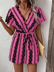 Breezaya Geo Print Butterfly Sleeve Belted Romper - Pink - View 6
