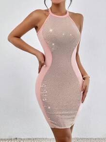Allurite 亮片細節繞頸緊身連衣裙 - 粉色 - 查看 1
