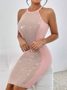 Allurite 亮片細節繞頸緊身連衣裙 - 粉色 - 查看 6