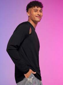 Manfinity Fever City Hombres Camiseta unicolor con abertura - Negro - Ver 6