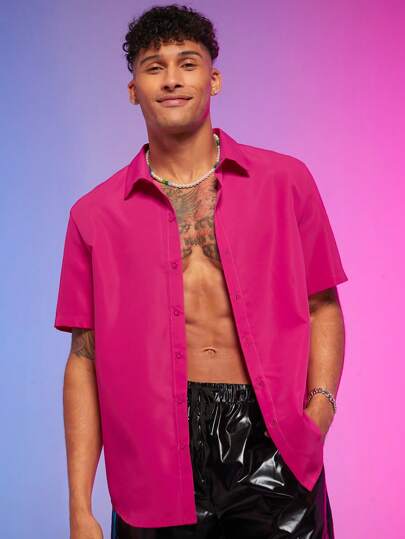 Chemise pour homme unicolore à boutons, ample avec manches courtes unies, style américain rappeur