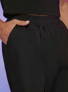 Manfinity Fever City Men's Fashionable Solid Color Split Thigh Elastic Waist Zipper Pants, Summer - Black - View 3