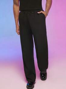 Manfinity Fever City Men's Fashionable Solid Color Split Thigh Elastic Waist Zipper Pants, Summer - Black - View 4