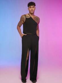 Manfinity Fever City Men's Fashionable Solid Color Split Thigh Elastic Waist Zipper Pants, Summer - Black - View 7